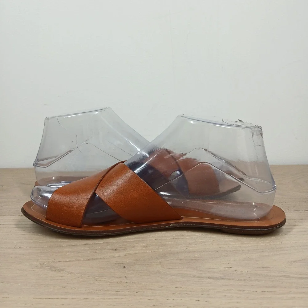 J.Crew Slide Sandals Womens 7 Cognac Brown Leather Crisscross Flat Shoes
